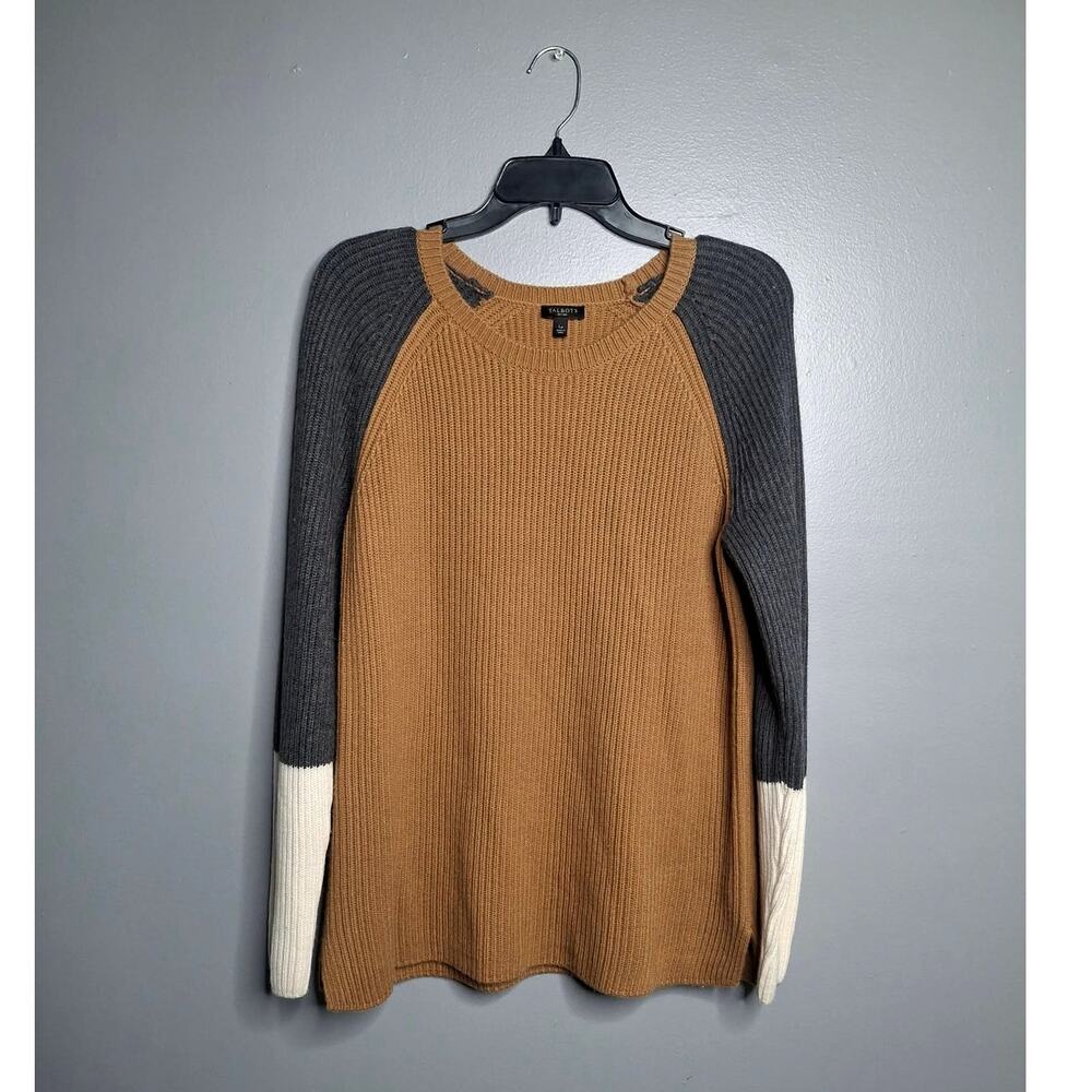 Talbots Petite Lambswool Colorblock Raglan Sweater Camel Gray Cream LP